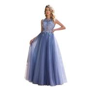 Misshow Robe de Bal Longue Elégante à Perles avec Paillettes Robe pour Mariage Invitée Femme Temoin Double Col Rond Bling-Bling Bleu 32
