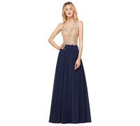 Misshow Robe de Cocktail Chic Mariage Robe Femme Longue Elégante Florale en Mousseline avec Appliques Bleu Marine 34