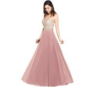 Misshow Robe de Cocktail Longue Chic avec Appliques à Fleurs Ajourée Robe Femme Longue pour Cérémonie Rose Profond 36