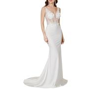 Misshow Robe de Mariée Pas Cher sirène, Col V Dos Nu avec Bretelles Dentelles sans Manches élégant Beige34