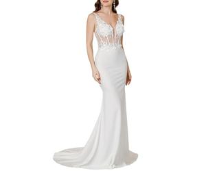 Misshow Robe de Mariée Pas Cher sirène, Col V Dos Nu avec Bretelles Dentelles sans Manches élégant Beige34