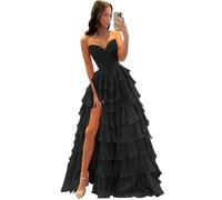 Misshow Robe de Soirée et Robe de Cocktail Mariage Luxe imprimé Floral Bustier Col Cœur à Volants avec Fente Noir 34