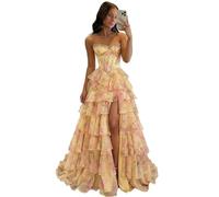 Misshow Robe de Soirée et Robe de Cocktail Mariage Luxe imprimé Floral Bustier Col Cœur à Volants avec Fente Cristaux Jonquille 34