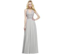 Misshow Robe de Soirée Longue Dentelle Formelle en Mousseline Halter Neck Robe de Soirée Longue Femme Fille Chic Mariage Gris 38