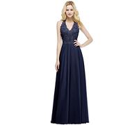 Misshow Robe de Soirée Longue Dentelle Formelle en Mousseline Halter Neck Robe de Soirée Longue Femme Fille Chic Mariage Bleu Marine 38
