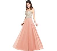 Misshow Robe Demoiselle d'honneur Femme Longue élégante avec Appliques Fleuris Or Dos Nu Rose Foncé 36