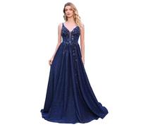 Misshow Robe Femme Longue Brillantes A-Linge pour Soirée Cocktail Mariage Robe de Gala Longue en Mousseline avec Perles Paillettes Bleu Marine 34