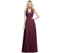Misshow Robe Femme Longue Chic Soirée pour Mariage Robe de Cocktail Longue Dentelle Mousseline Halter Fête Habillée Bordeaux 44