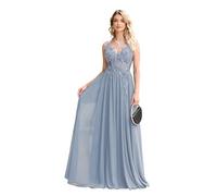 Misshow Robe Longue Femme Chic et élégant A-Linge pour Soirée Cocktail Mariage Robe de Gala Longue en Mousseline avec Perles Paillettes Bleu 34