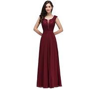 Misshow Robe pour Mariage Invitée Femme Temoin Elégante Longue Maxi en Mousseline avec Dentelle Grande Taille Bordeaux 46