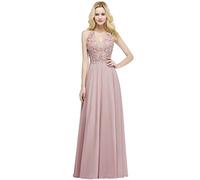 Misshow Robe pour Mariage pour Soirée Sexy Chic Longue Maxi au Sol en Dentelle Fleurie avec Perles Evasée Plissée en Mousseline Rose 34