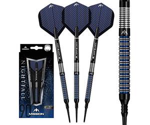 Mission Darts #_D9684 Nightfall | 22 g Premium Soft Tip 90% Tungsten Straight Ring Barrel Set de fléchettes avec 3 ailettes, 3 tiges de mission avec S-Lock et protection de pointe, M1, noir/bleu