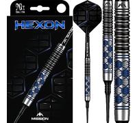 Mission Darts Hexon Darts D1640 Jeu de fléchettes 90 % tungstène Pointe souple Bleu PVD Tiges et ailettes 18 g