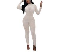 MISSMAO Femme Combinaison élégante à Manches Longues avec Strass et Sequins Blanc M