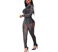 MISSMAO Femme Combinaison élégante à Manches Longues avec Strass et Sequins Noir M