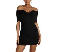 MISSMAO Robe Crayon Femme Épaule Nue avec Grand Nœud, Robe Courte Moulante pour Soirée, Cocktail, Sortie Club Et Événements Fête,Noir,L