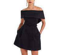MISSMAO Robe Mini pour Femme Épaule Nue avec Ceinture Et Poches, Robe Élégante pour Cocktail, Mariage, Dîner Et Événements Formels,Noir,XL