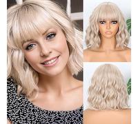 MISSQUEEN Perruque blonde courte ondulée avec frange rembourrée d'air pour femme et fille