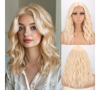 MISSQUEEN Perruque blonde courte ondulée pour femme, longueur moyenne, synthétique, résistante à la chaleur, aspect naturel, cheveux bouclés blonds pour un usage quotidien, coiffure, cosplay, fête