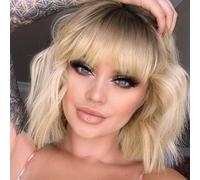 MISSQUEEN Perruque courte blonde ombrée ondulée avec frange pour femme - Perruque synthétique bouclée pastel pour fille - Perruque colorée pour cosplay