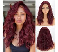 MISSQUEEN Perruque courte ondulée rouge bordeaux de 45,7 cm pour femme avec raie au milieu, cheveux synthétiques résistants à la chaleur, naturel réaliste, rouge foncé, pour un usage quotidien