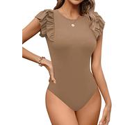 Missufe - Body élégant à manches courtes et col rond avec volants pour femme, kaki, XL