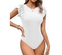Missufe - Body élégant pour femme - Col rond - Manches courtes - Avec volants - Top, Blanc., XXL