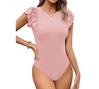 Missufe - Body élégant pour femme - Col rond - Manches courtes - Avec volants - Top, Rose, XXL