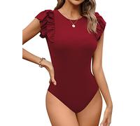 Missufe Body élégant pour femme, col rond, volants, manches courtes, rouge, XL