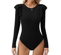 Missufe Haut élégant en tricot à col rond à volants et manches longues pour femme