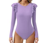 Missufe Haut élégant en tricot à col rond à volants et manches longues pour femme