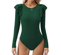 Missufe Haut élégant en tricot à col rond à volants et manches longues pour femme