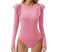 Missufe Haut élégant en tricot à col rond à volants et manches longues pour femme