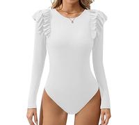 Missufe Haut élégant en tricot à col rond à volants et manches longues pour femme