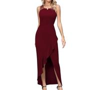 Missufe Robe de soirée, de cocktail, de fête, élégante, longue, moulante, festive, à volants, pour femme, rouge bordeaux, L