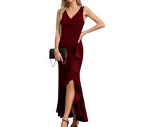 Missufe Robe de soirée pour femme - Col en V - Sans manches - Volants - Fente - Bodycon - Robe de cocktail, bordeaux, M