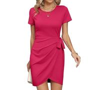 Missufe Robe d'été pour femme - Mini robe drapée - Robe décontractée - T-shirt ajusté - Bodycon à manches courtes - Robe froncée à col papillon, Rose, XL