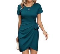 Missufe Robe d'été pour femme - Mini robe drapée - Robe décontractée - T-shirt - Bodycon à manches courtes - Robe froncée à col papillon, Bleu paon, M