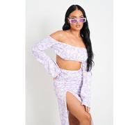 Missy Empire Floral Print Bardot Long Sleeve Crop Top Lilas 14 (L) Female
