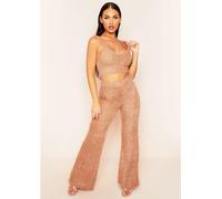 Missy Empire Fluffy Knit Wide Leg Trousers Tan 8 (XS) Female
