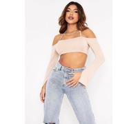 Missy Empire Halterneck Strap Split Sleeve Crop Top Beige 14 (L) Female