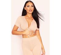 Missy Empire Jersey Tie Front Crop Top Beige 14 (L) Female