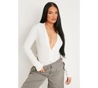 Missy Empire Knitted Plunge Button Detail Bodysuit Crème 6 (2XS) Female