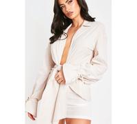Missy Empire Linen Tie Front Shirt Lin beige 10 (S) Female