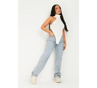 Missy Empire Neck Knitted Drop Front Top Crème S/M Female