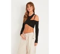 Missy Empire Out Asymmetric Slinky Crop Top Noir 8 (XS) Female