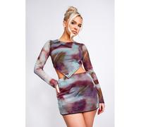 Missy Empire Printed Asymmetric Mesh Top Marron 10 (S) Female