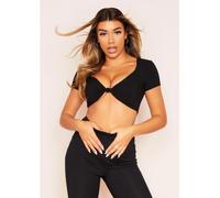 Missy Empire Ribbed Knot Front Cap Sleeve Crop Top Noir 14 (L) Female