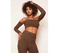 Missy Empire Soft Rib Bardot Long Sleeve Crop Top Chocolat 6 (2XS) Female