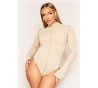 Missy Empire Stitch High Neck Bodysuit Beige 6 (2XS) Female
